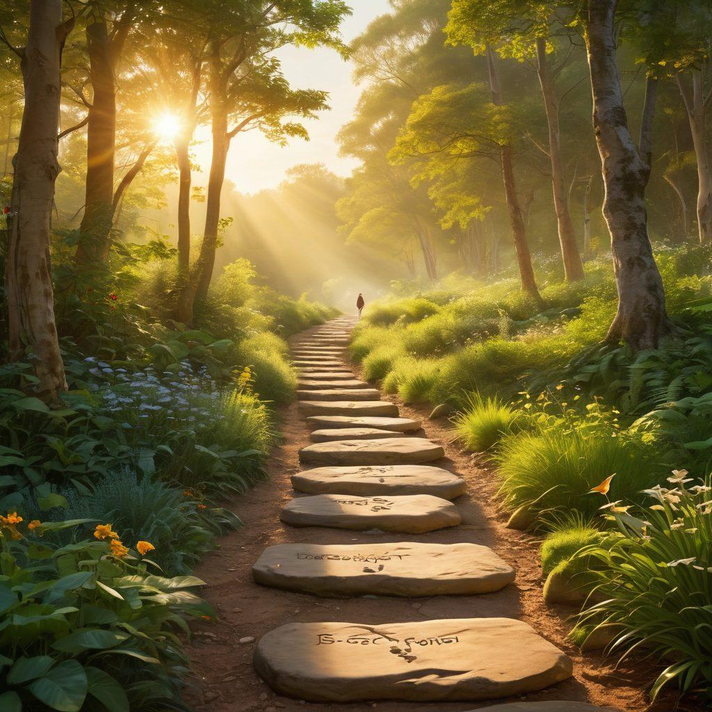 A serene path winding through a lush green forest, symbolizing a journey of self-improvement, with stepping stones marked with keywords like 'Growth', 'Balance', and 'Insight'. In the foreground, a contemplative figure gazes thoughtfully towards the horizon where a soft sunrise casts warm golden light. Birds are soaring above, embodying freedom and aspiration. Calm and inviting atmosphere filled with vibrant colors. super-realistic. vibrant colors. soft sunlight.