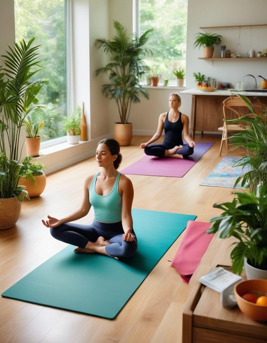 A modern lifestyle setting featuring a diverse group of people engaging in various wellness activities, such as yoga, healthy cooking, and meditation. Bright and airy space filled with greenery and natural light, showcasing trendy interior decor. Lifestyle magazines and digital devices lie around, hinting at the latest trends. Captivating visuals of fresh ingredients, active living, and serene relaxation moments. vibrant colors. super-realistic.